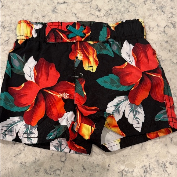 Circo Other - Circo Black Floral Swim Trunks with Red & Green Hibiscus